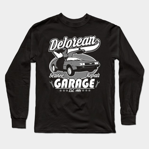 Delorean Garage Long Sleeve T-Shirt by absolemstudio